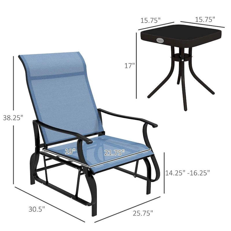 3 Piece Outdoor Gliders Set with Steel Frame, Tempered Glass Top Table