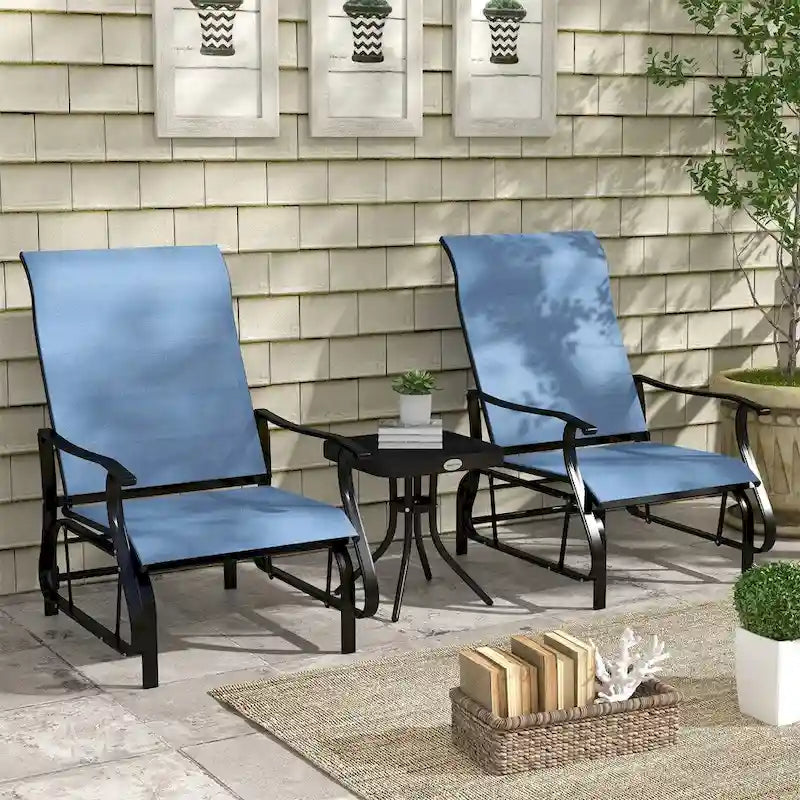3 Piece Outdoor Gliders Set with Steel Frame, Tempered Glass Top Table