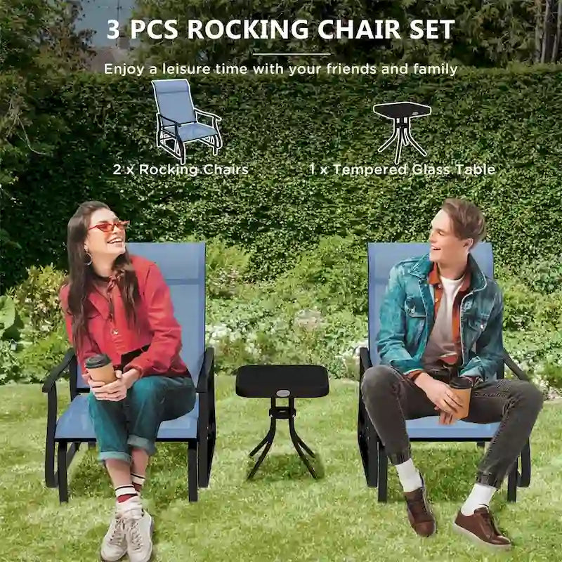 3 Piece Outdoor Gliders Set with Steel Frame, Tempered Glass Top Table