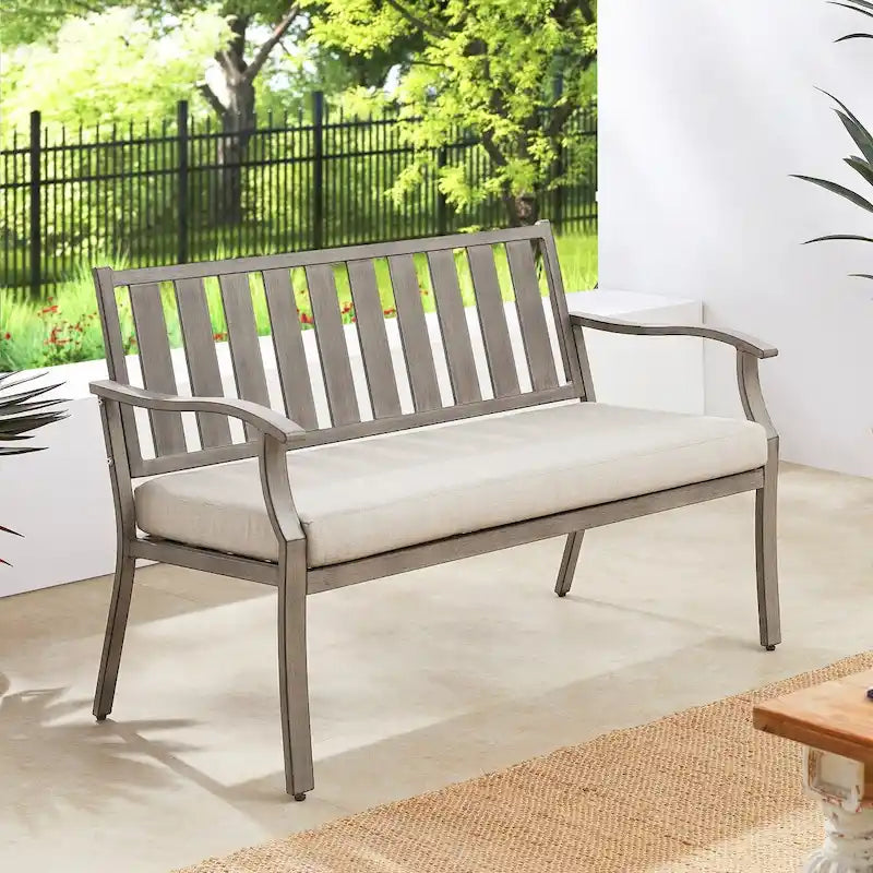 Outdoor Dining Bench Patio Loveseat Bench with Beige Cushion