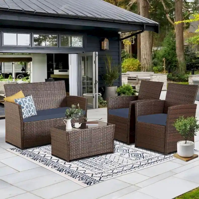 4-Piece Wicker Outdoor Sofa Set, 1 Loveseats, 2 Single Sofas, 1 Table