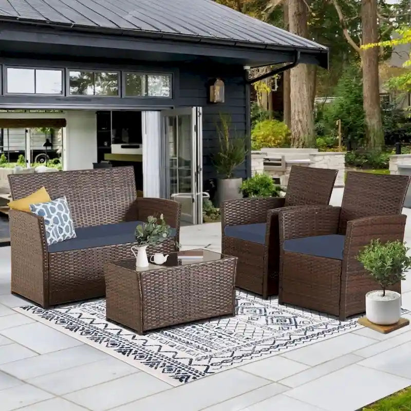 4-Piece Wicker Outdoor Sofa Set, 1 Loveseats, 2 Single Sofas, 1 Table