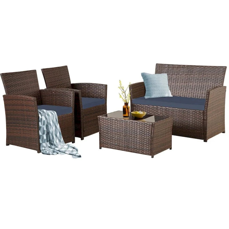 4-Piece Wicker Outdoor Sofa Set, 1 Loveseats, 2 Single Sofas, 1 Table