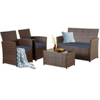 4-Piece Wicker Outdoor Sofa Set, 1 Loveseats, 2 Single Sofas, 1 Table