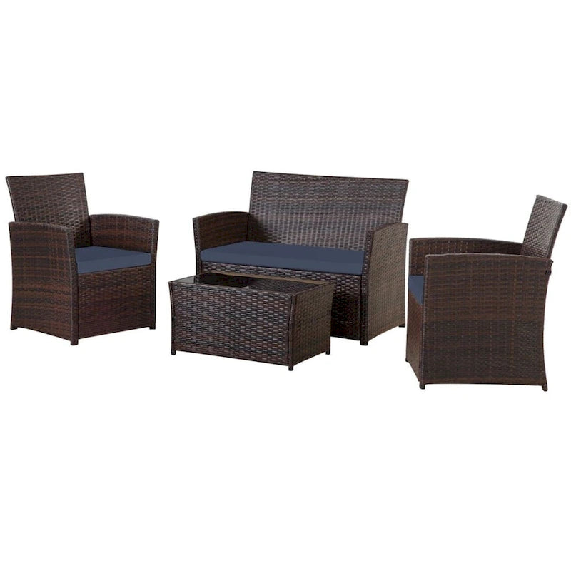 4-Piece Wicker Outdoor Sofa Set, 1 Loveseats, 2 Single Sofas, 1 Table