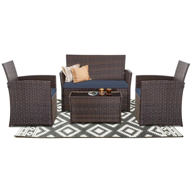 4-Piece Wicker Outdoor Sofa Set, 1 Loveseats, 2 Single Sofas, 1 Table