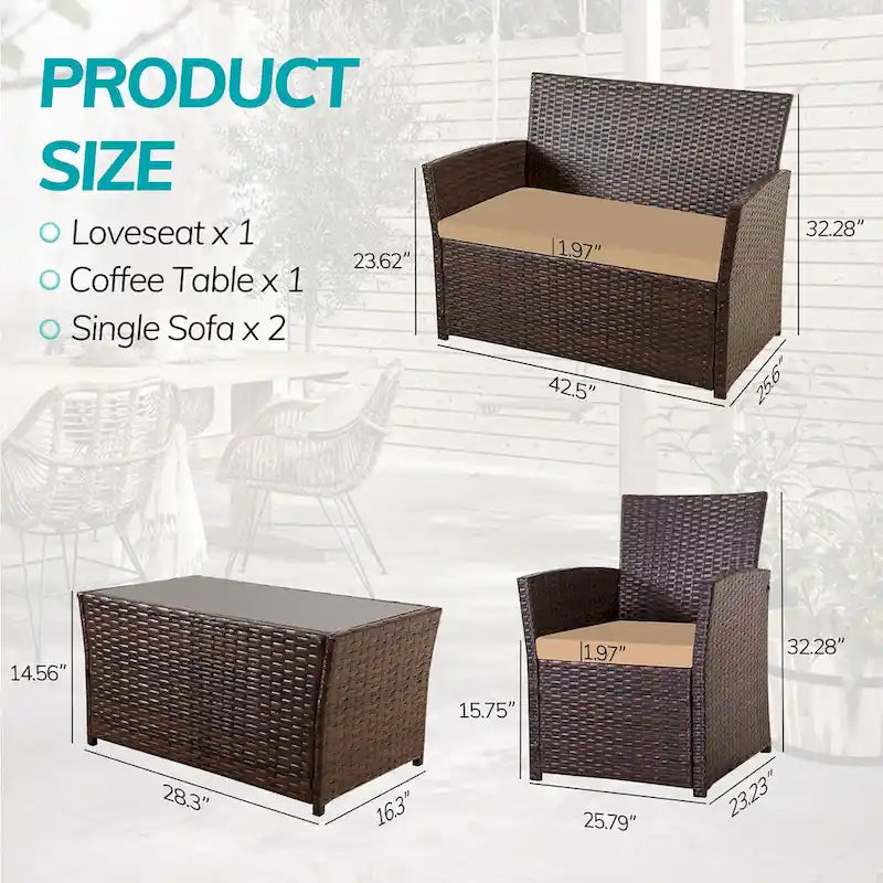 4-Piece Wicker Outdoor Sofa Set, 1 Loveseats, 2 Single Sofas, 1 Table