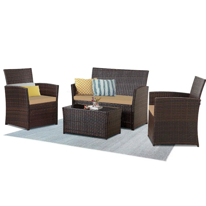 4-Piece Wicker Outdoor Sofa Set, 1 Loveseats, 2 Single Sofas, 1 Table