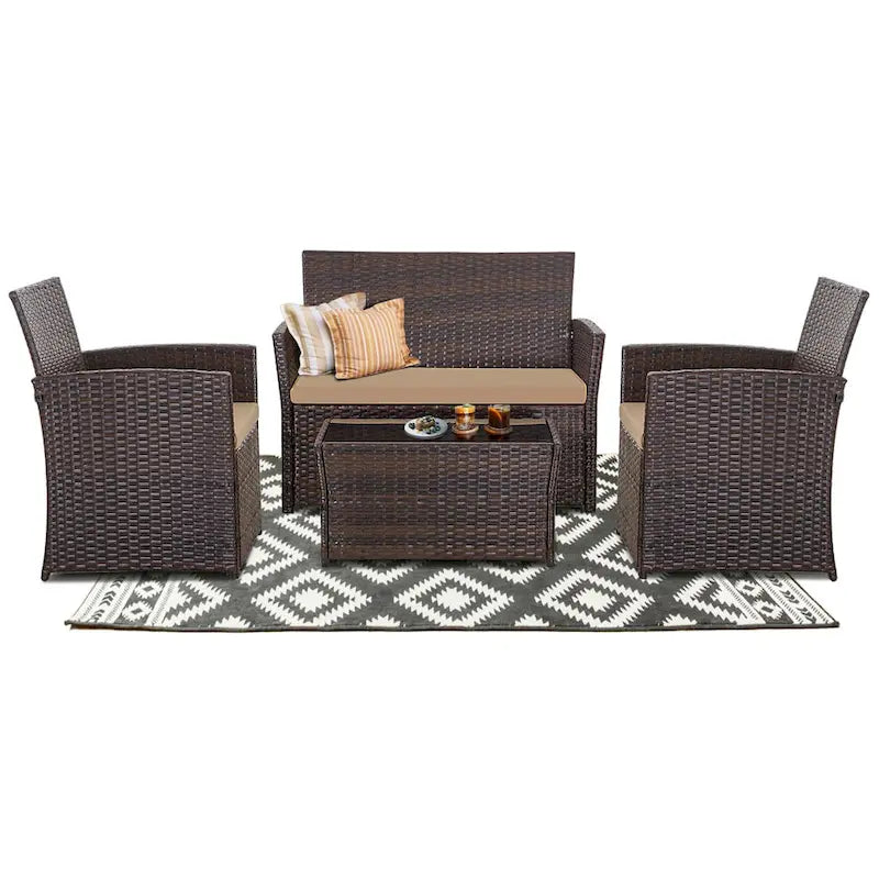 4-Piece Wicker Outdoor Sofa Set, 1 Loveseats, 2 Single Sofas, 1 Table