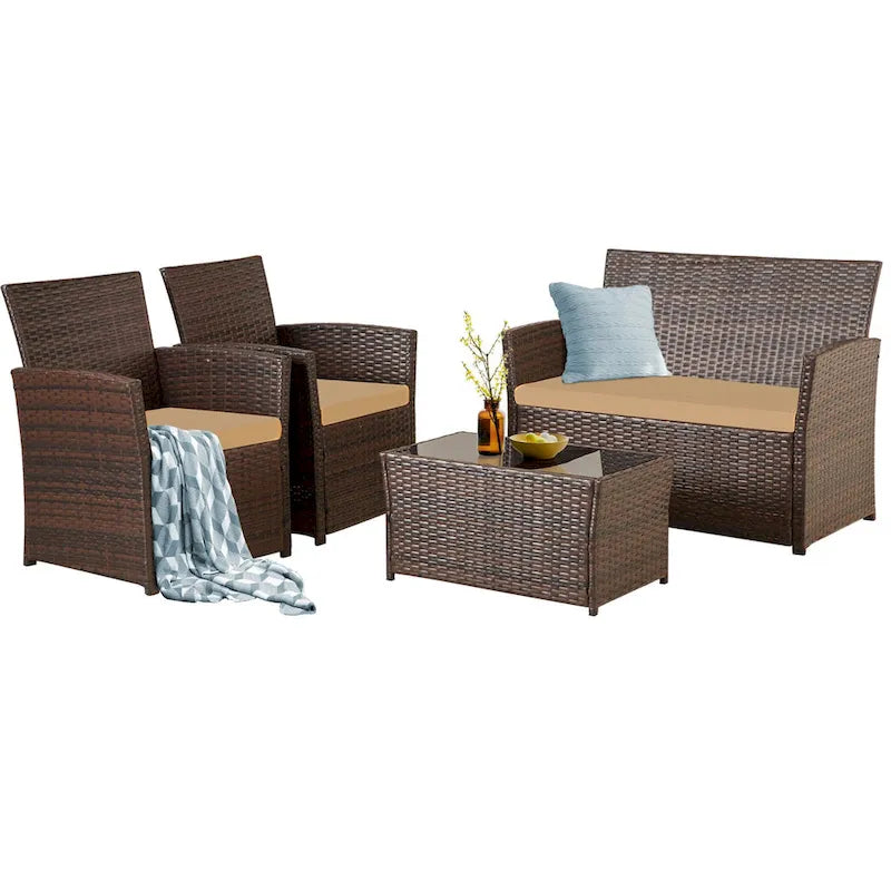 4-Piece Wicker Outdoor Sofa Set, 1 Loveseats, 2 Single Sofas, 1 Table