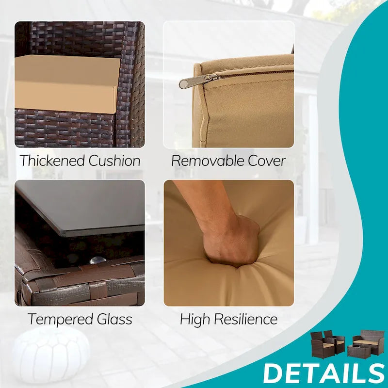 4-Piece Wicker Outdoor Sofa Set, 1 Loveseats, 2 Single Sofas, 1 Table