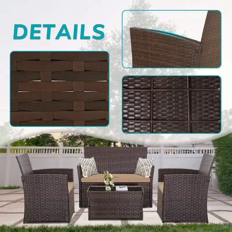 4-Piece Wicker Outdoor Sofa Set, 1 Loveseats, 2 Single Sofas, 1 Table