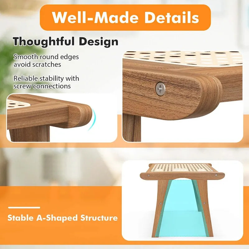 1/2 PCS Ottoman Footstool Natural Teak Wooden Foot Rest w/ Rattan