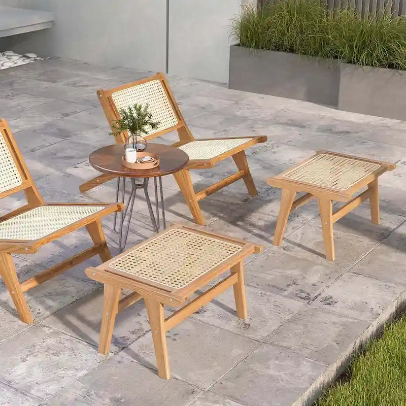 1/2 PCS Ottoman Footstool Natural Teak Wooden Foot Rest w/ Rattan