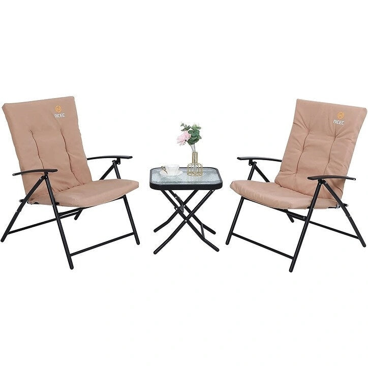 3-Piece Patio Dining Set, 1 Glass Table 2 Folding Reclining Chairs (Beige) - N/A