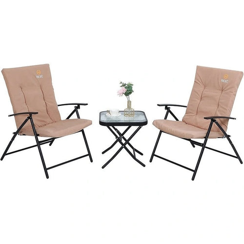 3-Piece Patio Dining Set, 1 Glass Table 2 Folding Reclining Chairs (Beige) - N/A