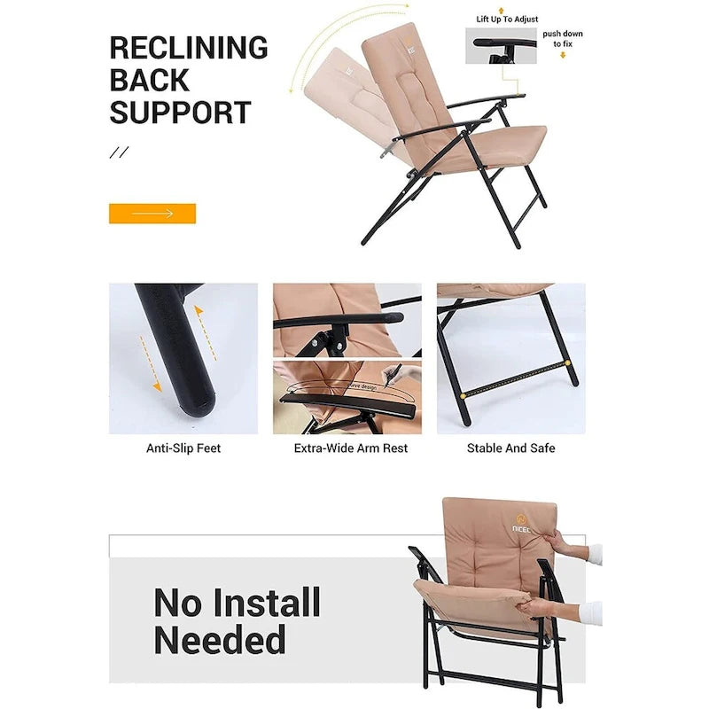 3-Piece Patio Dining Set, 1 Glass Table 2 Folding Reclining Chairs (Beige) - N/A