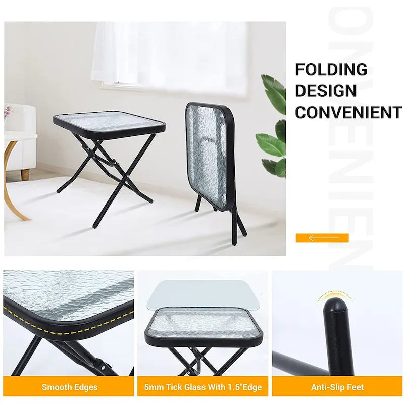 3-Piece Patio Dining Set, 1 Glass Table 2 Folding Reclining Chairs (Beige) - N/A