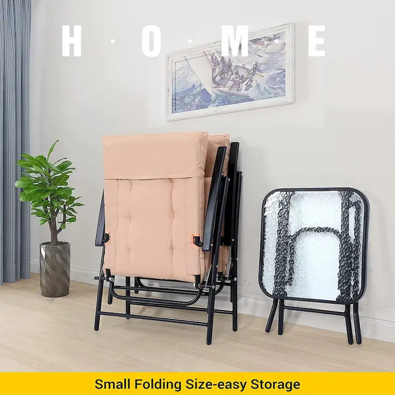 3-Piece Patio Dining Set, 1 Glass Table 2 Folding Reclining Chairs (Beige) - N/A