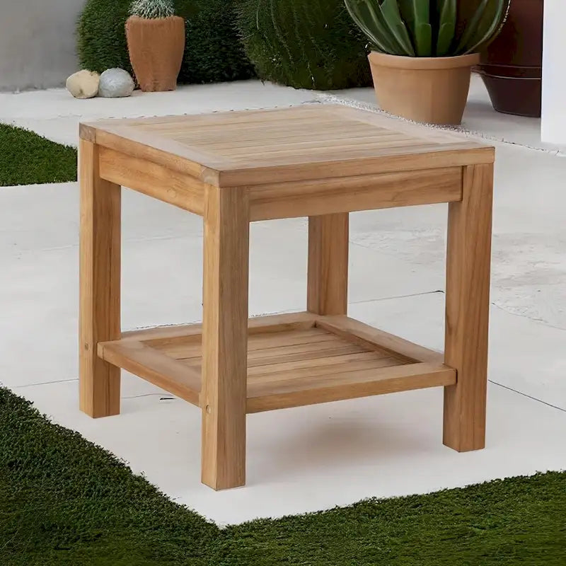 RRI Goods Teak Wood Side Table with Storage, Indoor and Outdoor Wooden End Table Deck, Porch, Balcony Backyard - 18W