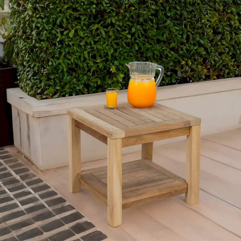 RRI Goods Teak Wood Side Table with Storage, Indoor and Outdoor Wooden End Table Deck, Porch, Balcony Backyard - 18W