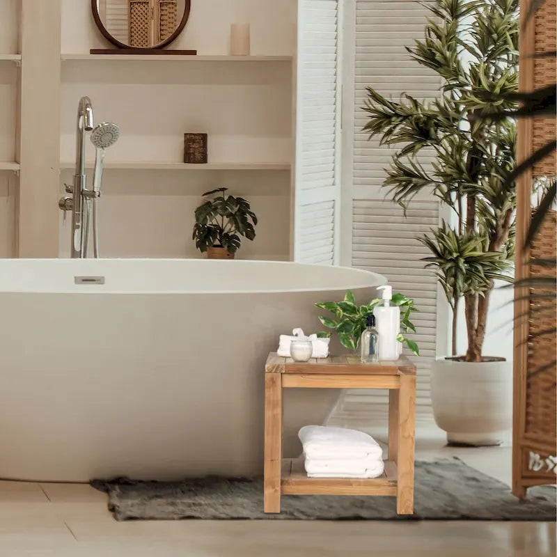 RRI Goods Teak Wood Side Table with Storage, Indoor and Outdoor Wooden End Table Deck, Porch, Balcony Backyard - 18W