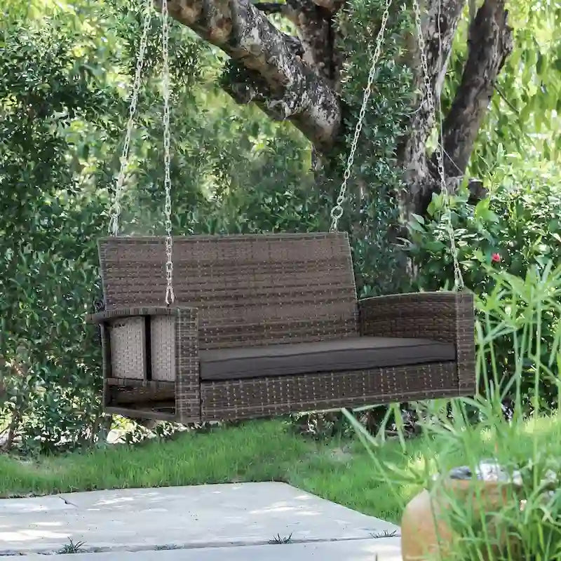 Outdoor 2-Person Wicker Hanging Swing Bench, Porch Swing Chair with Cushions & Two Chains
