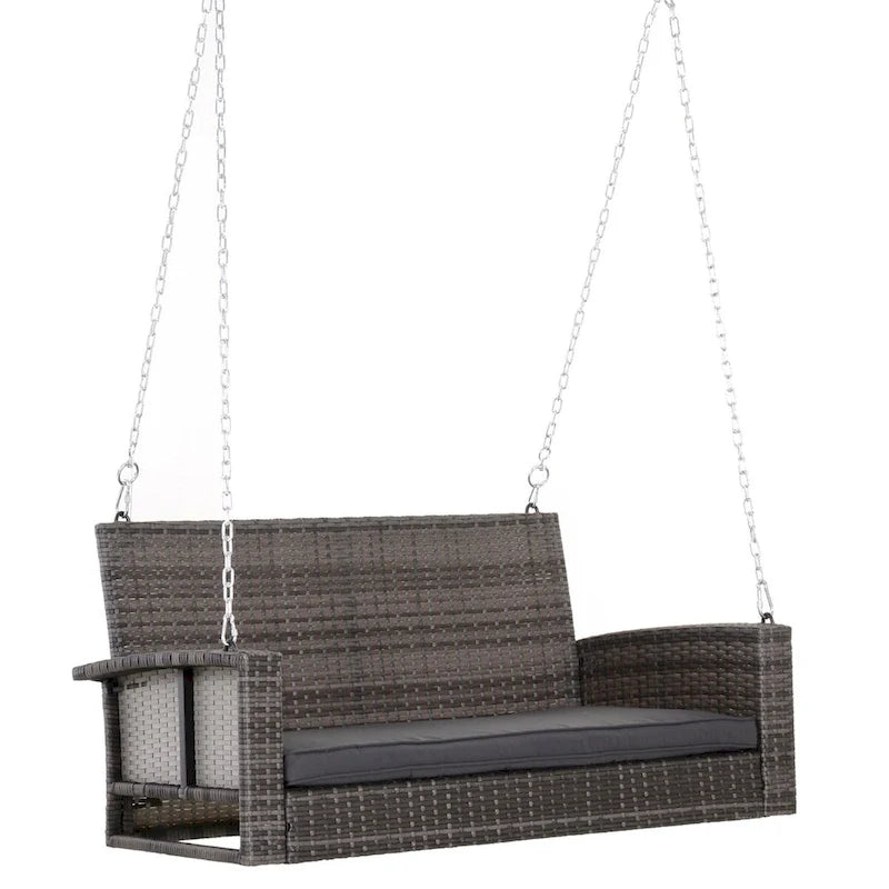 Outdoor 2-Person Wicker Hanging Swing Bench, Porch Swing Chair with Cushions & Two Chains
