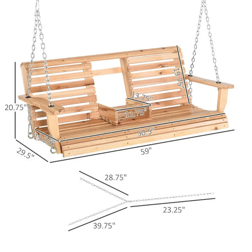 3-Seater Wooden Patio Swing Bench with Folding Coffee Table
