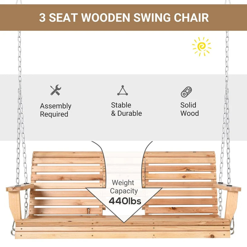 3-Seater Wooden Patio Swing Bench with Folding Coffee Table