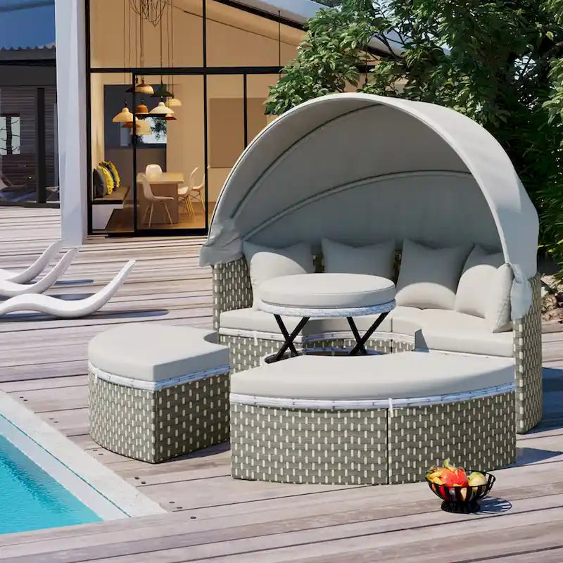 Gray All-Weather PE Rattan Outdoor Round Sectional Daybed Set