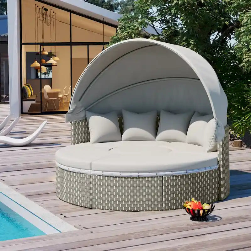 Gray All-Weather PE Rattan Outdoor Round Sectional Daybed Set