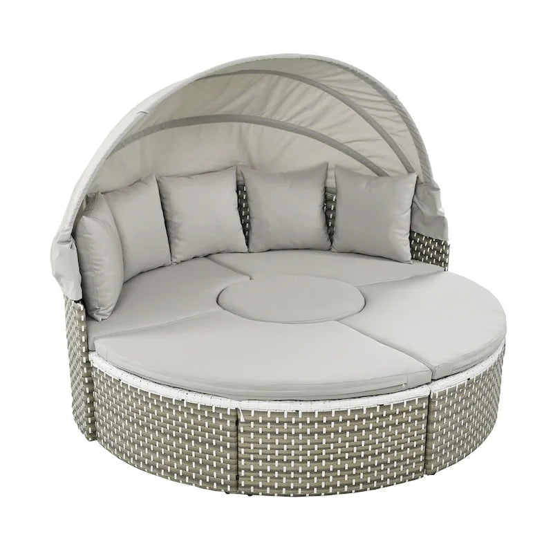 Gray All-Weather PE Rattan Outdoor Round Sectional Daybed Set