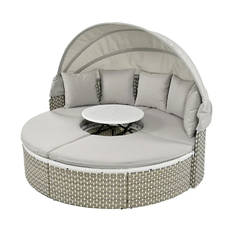 Gray All-Weather PE Rattan Outdoor Round Sectional Daybed Set