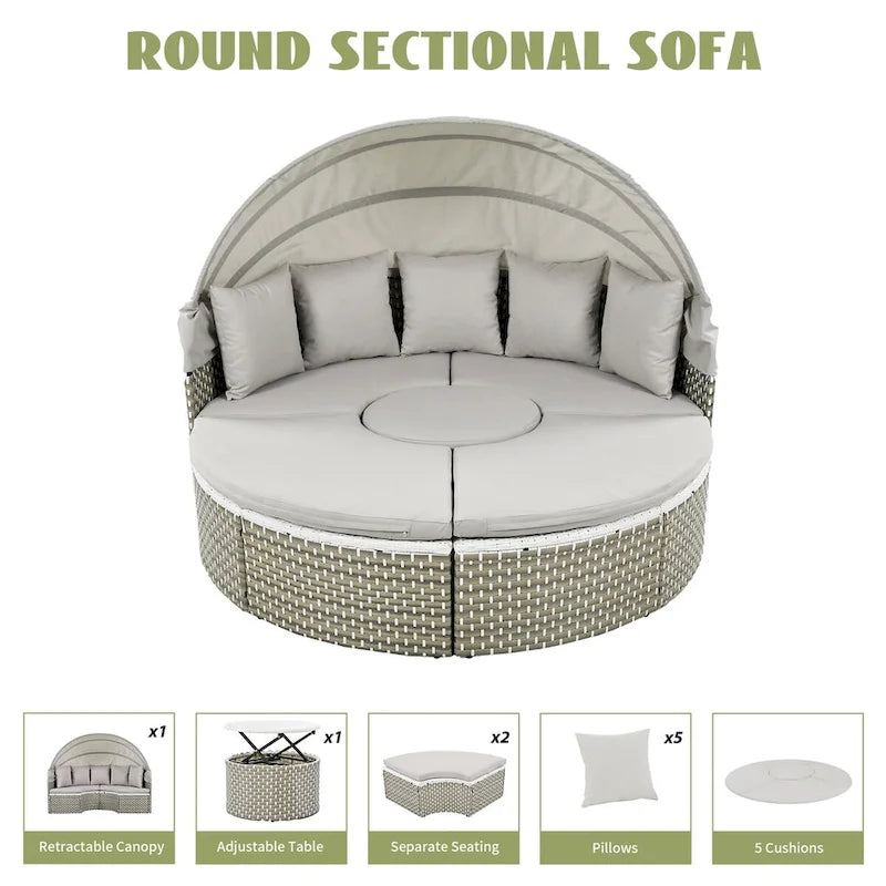 Gray All-Weather PE Rattan Outdoor Round Sectional Daybed Set