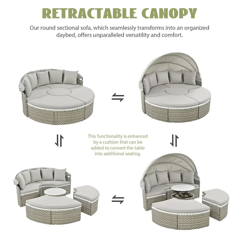 Gray All-Weather PE Rattan Outdoor Round Sectional Daybed Set