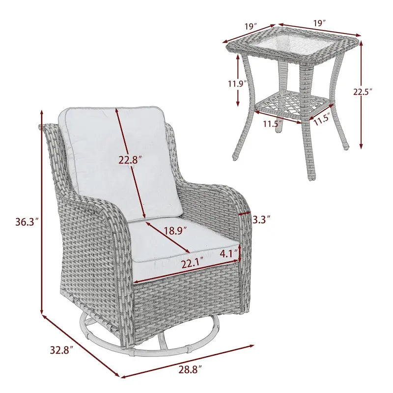 3 Pieces Patio Furniture Rocking Set with Rattan Side Table