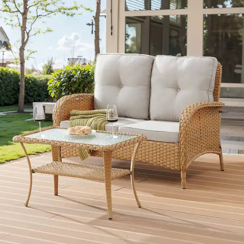 Patio Furniture Wicker Love-seat Sofa - Yellow