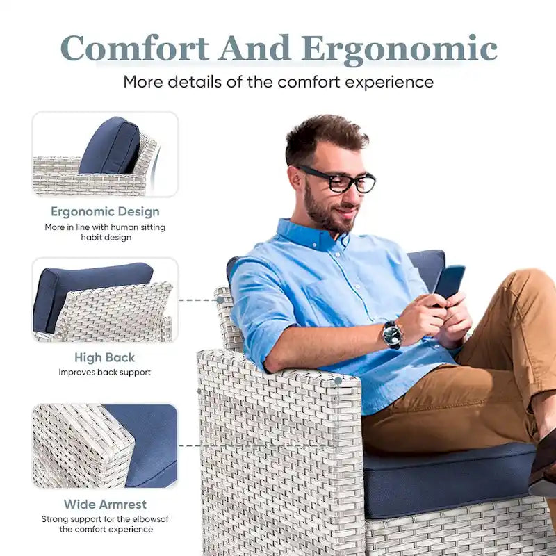 High Back Patio Chairs with Coffee Table - Light Grey