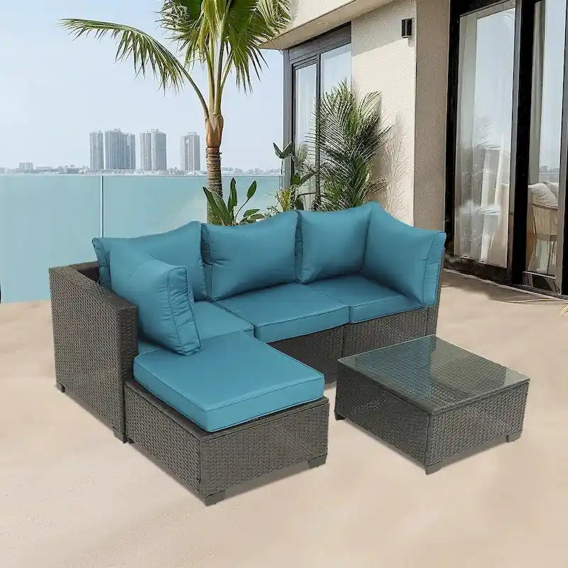 5-Piece Brown Wicker Outdoor Sectional Set with Cushions and Coffee Table