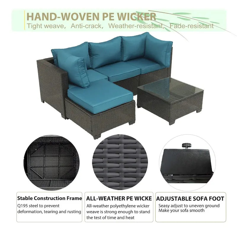 5-Piece Brown Wicker Outdoor Sectional Set with Cushions and Coffee Table