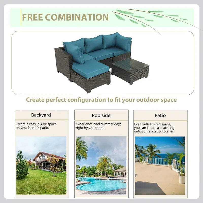 5-Piece Brown Wicker Outdoor Sectional Set with Cushions and Coffee Table
