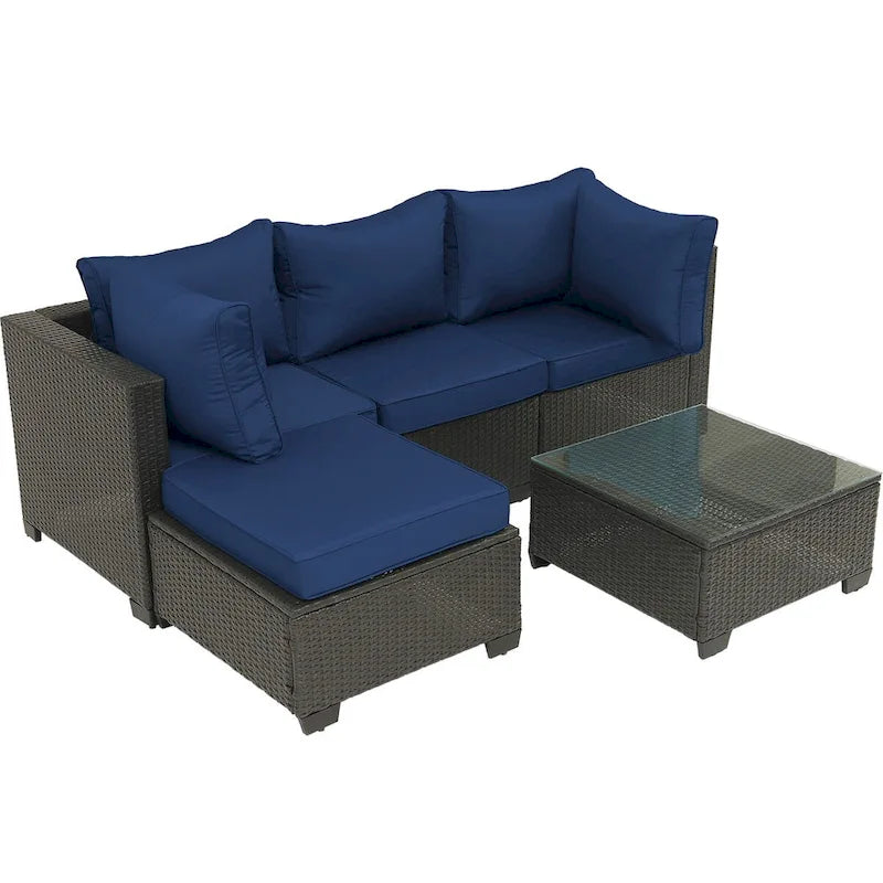 5-Piece Brown Wicker Outdoor Sectional Set with Cushions and Coffee Table