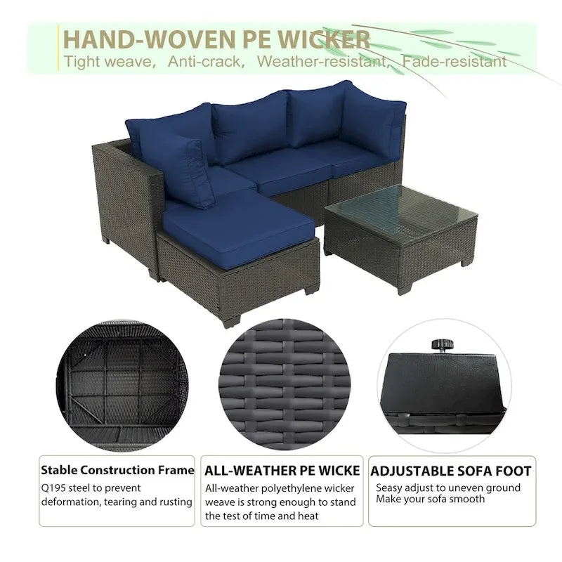 5-Piece Brown Wicker Outdoor Sectional Set with Cushions and Coffee Table