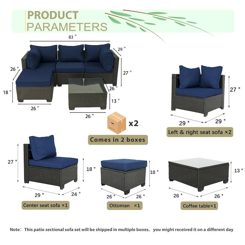 5-Piece Brown Wicker Outdoor Sectional Set with Cushions and Coffee Table