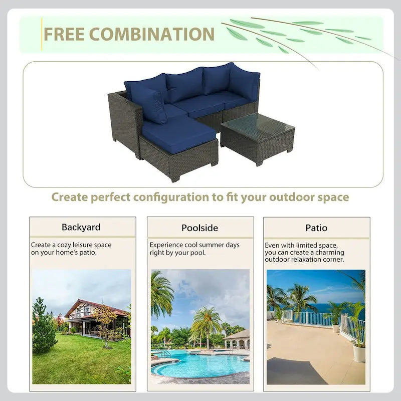 5-Piece Brown Wicker Outdoor Sectional Set with Cushions and Coffee Table