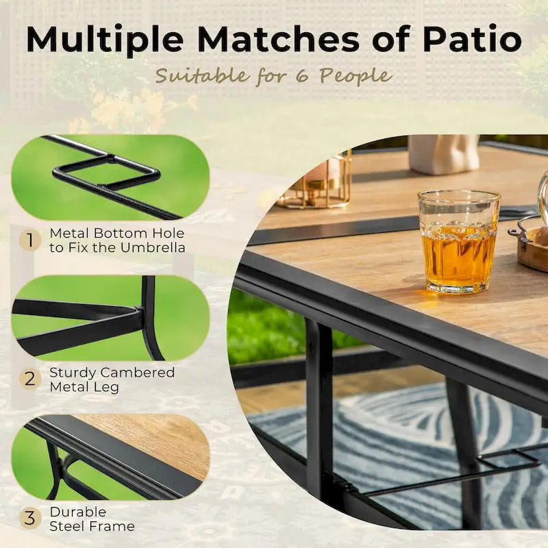 MAISON ARTS 7 PCS Outdoor Patio Dining Set with High Back Padded Swivel Chair and a Wood Grain Table with Umbrella Hole