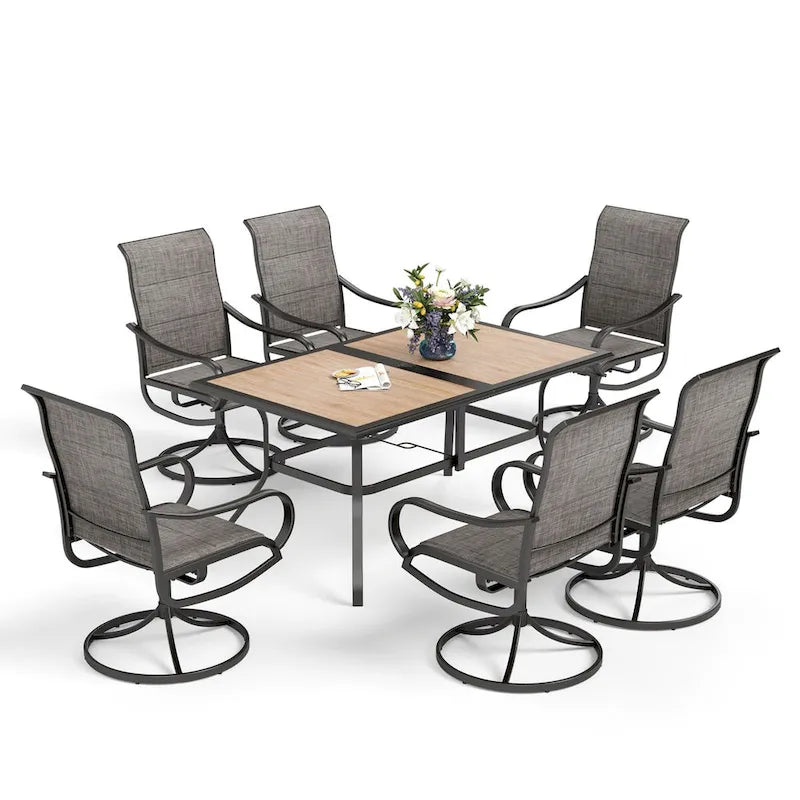 MAISON ARTS 7 PCS Outdoor Patio Dining Set with High Back Padded Swivel Chair and a Wood Grain Table with Umbrella Hole