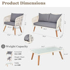 4 Piece Patio Furniture Set White Rope & Grey Cushion Iron Acacia Wood