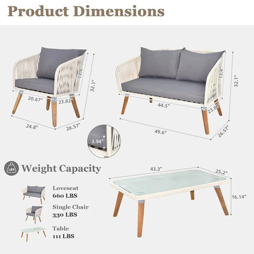 4 Piece Patio Furniture Set White Rope & Grey Cushion Iron Acacia Wood
